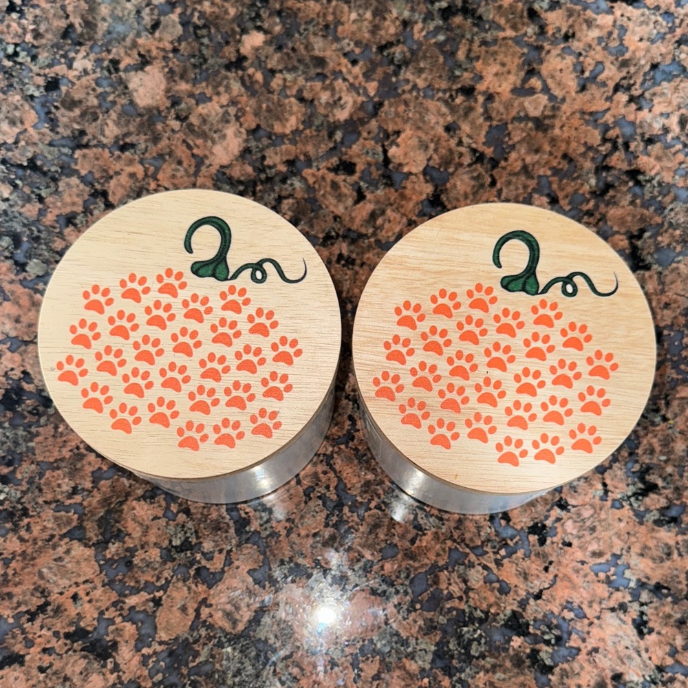 2 White Glass jars Wooden Pumpkin Lids Paw Prints crafting storage fall decor